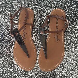 American Eagle Black and Brown T-Strap Sandals